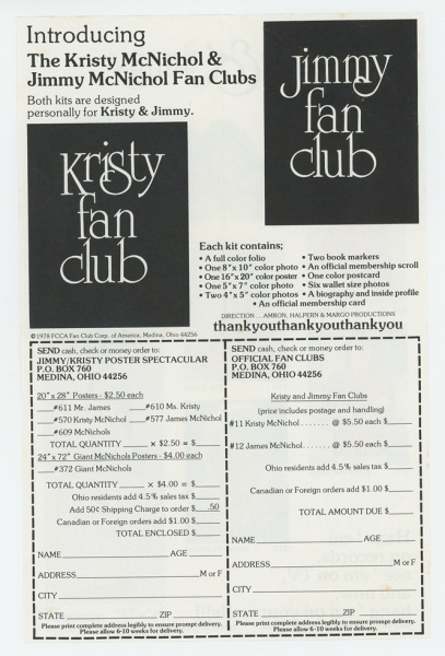 Kristy and Jimmy McNichol Fan Club Brochure back